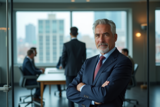 Homme d affaires en costume navy dans une salle de réunion moderne