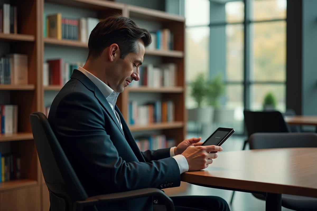 Homme d age dans une bibliotheque lisant sur tablette