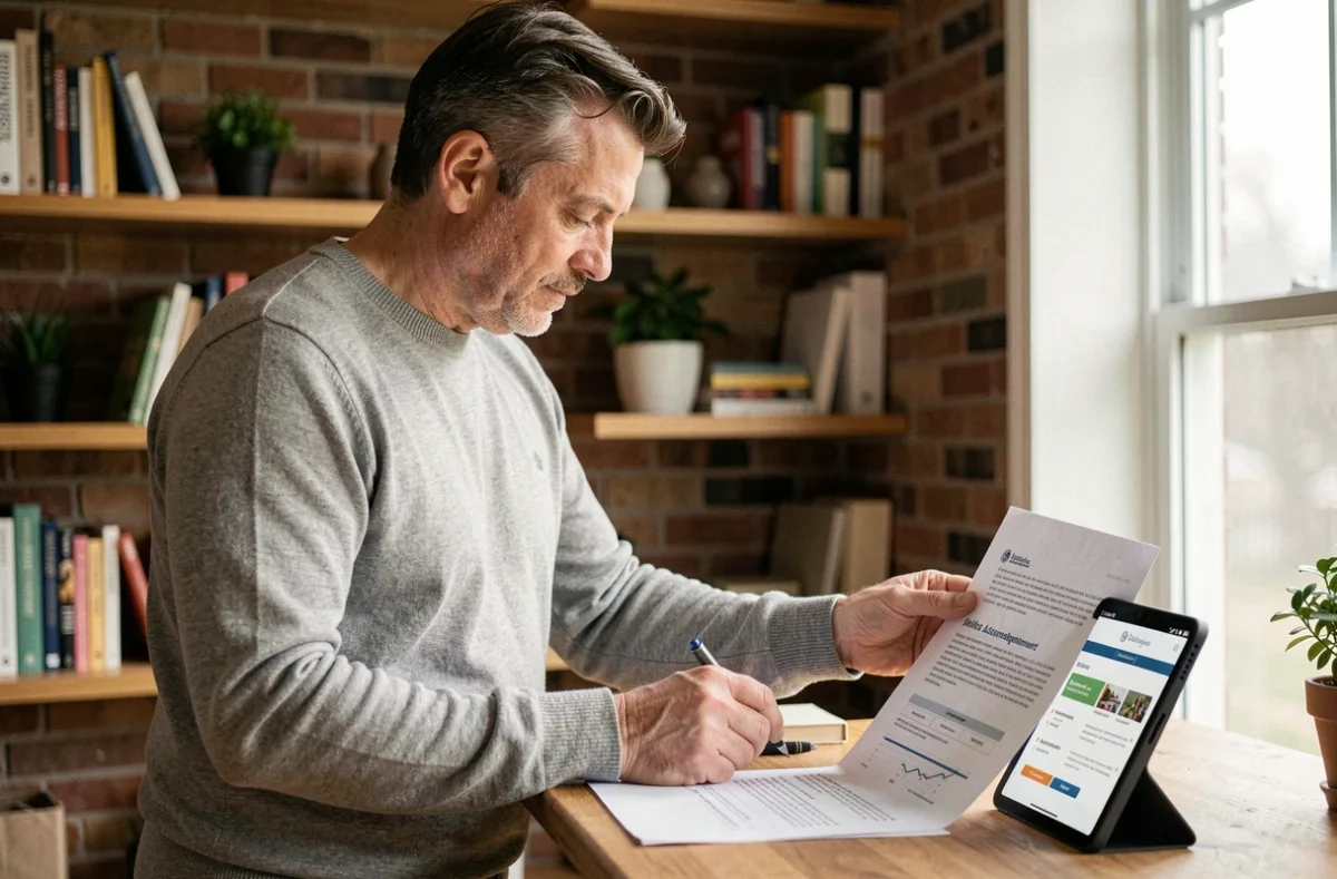 Homme consultant un bilan de compétences imprimé dans un bureau à domicile, avec une tablette affichant des recommandations de formation