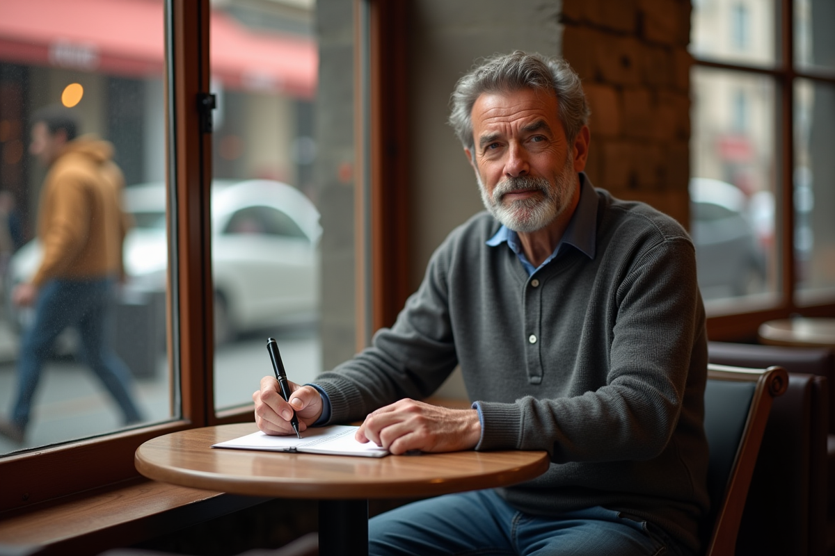 Homme d age moyen écrivant dans un café chaleureux