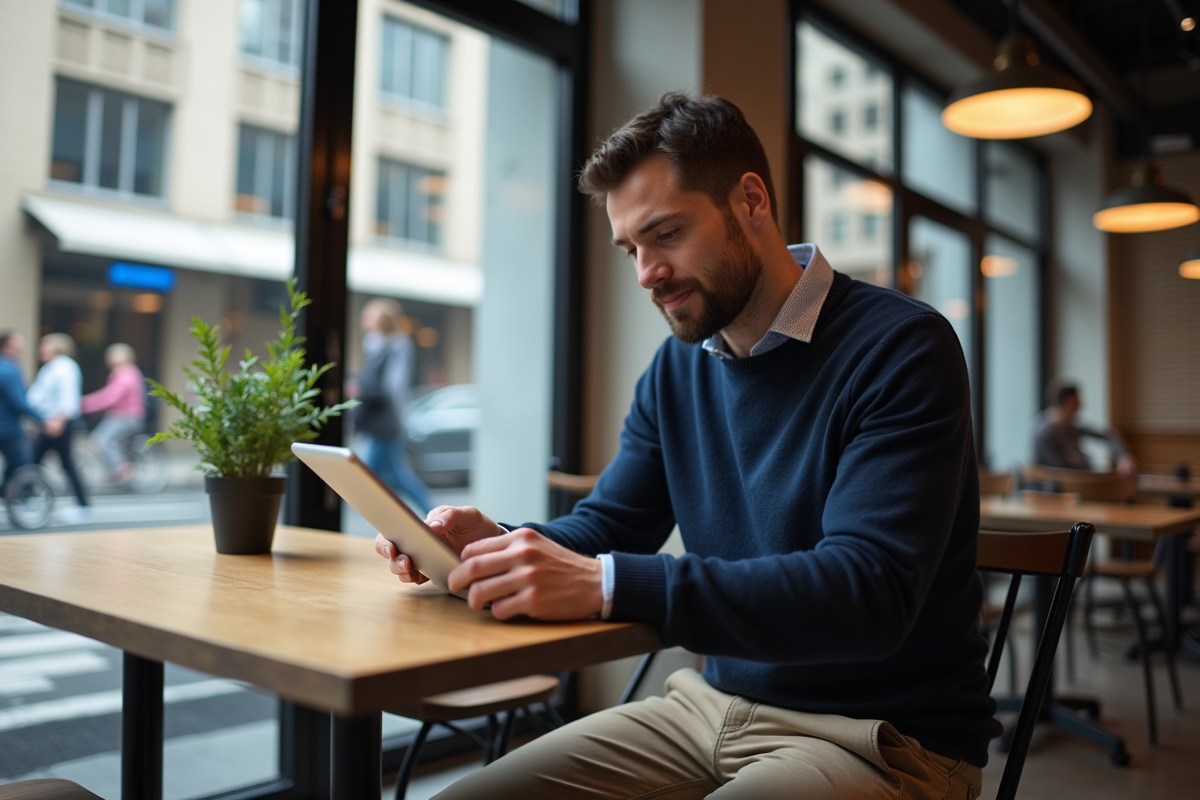 Homme concentré utilisant une tablette dans un espace coworking