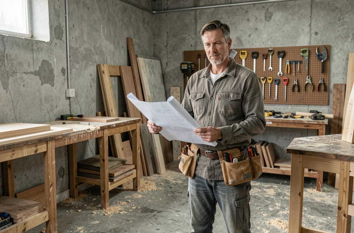 Homme adulte en formation professionnelle dans un atelier de menuiserie lors d'une reconversion vers un métier manuel