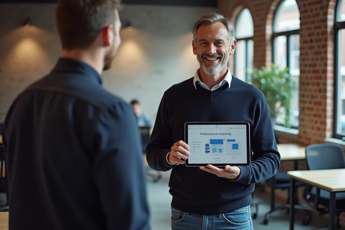 Homme consultant une plateforme de formation professionnelle sur une tablette dans un espace de coworking contemporain