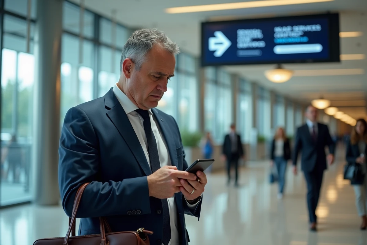 Homme d affaires vérifiant son smartphone dans un foyer public
