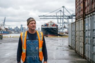 Hommes portuaire en tenue de sécurité au port