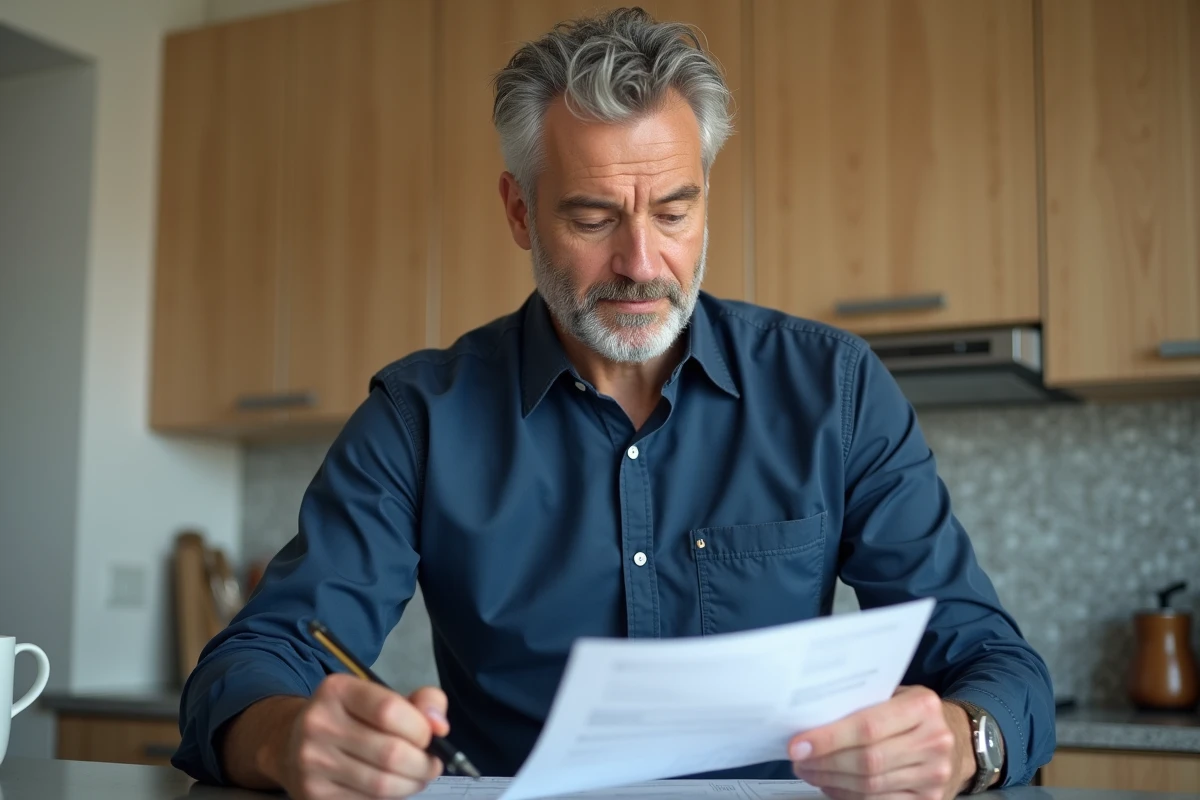 Homme relisant attentivement un récapitulatif de candidature imprimé dans une cuisine moderne