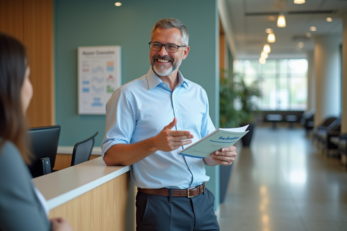 Homme souriant parlant à la réception d
