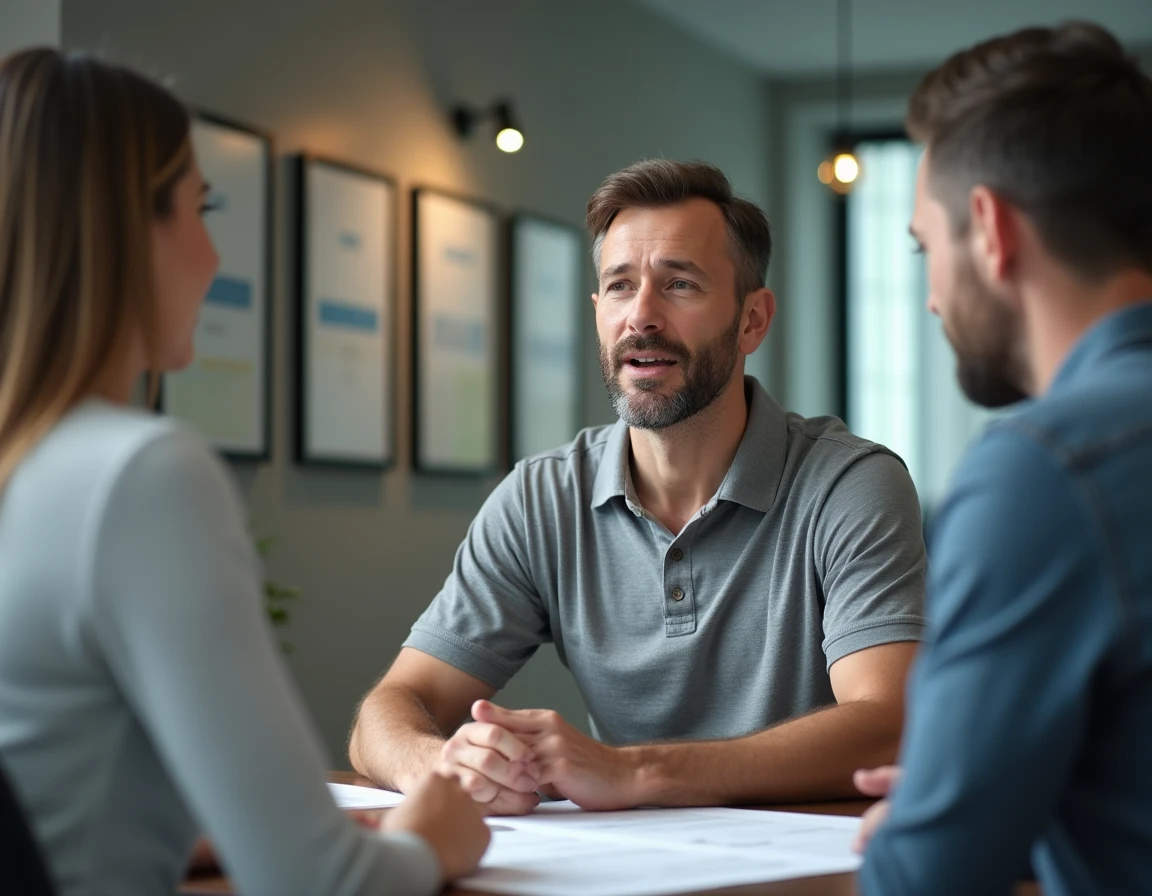 Homme en reconversion discutant de nouvelles opportunités de carrière avec un conseiller professionnel