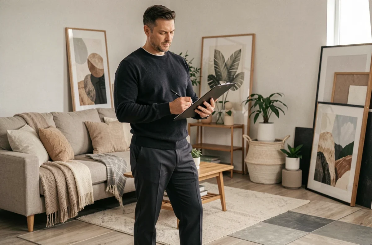 Homme adulte en reconversion évaluant un espace de décoration intérieure mis en scène lors d'une formation professionnelle