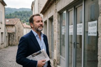 Homme d'âge moyen en blazer à Alès regardant des panneaux à louer