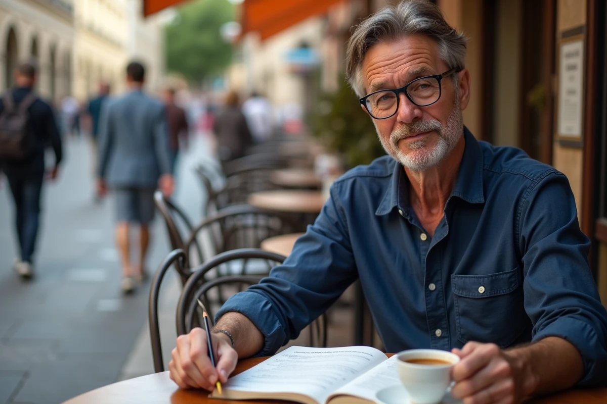 Homme adulte révisant l'imparfait de l'espagnol dans un café européen avec un manuel bilingue