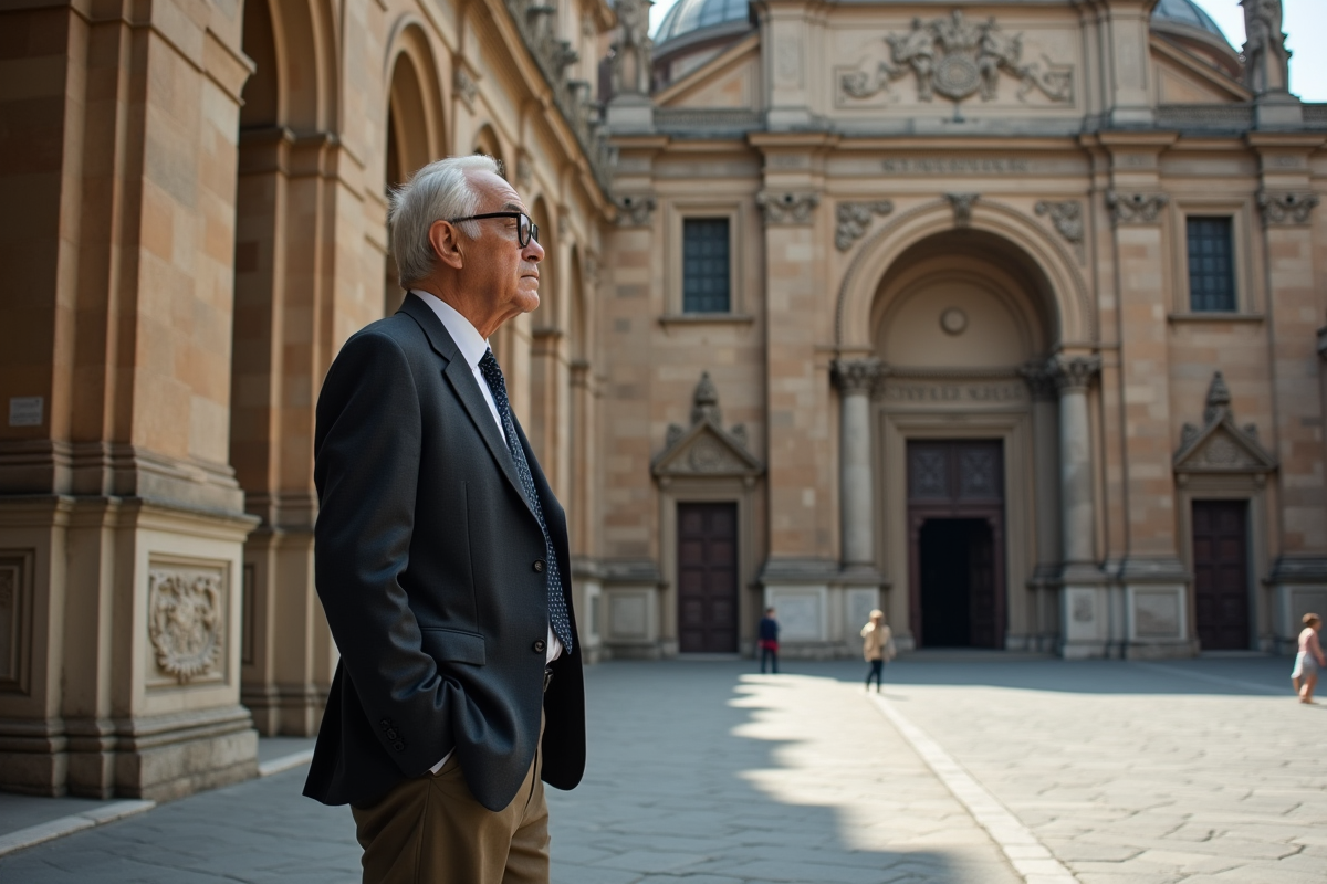Homme en costume devant une ancienne cathédrale en pierre