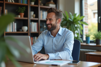 Homme confiant travaillant sur un ordinateur dans un bureau moderne