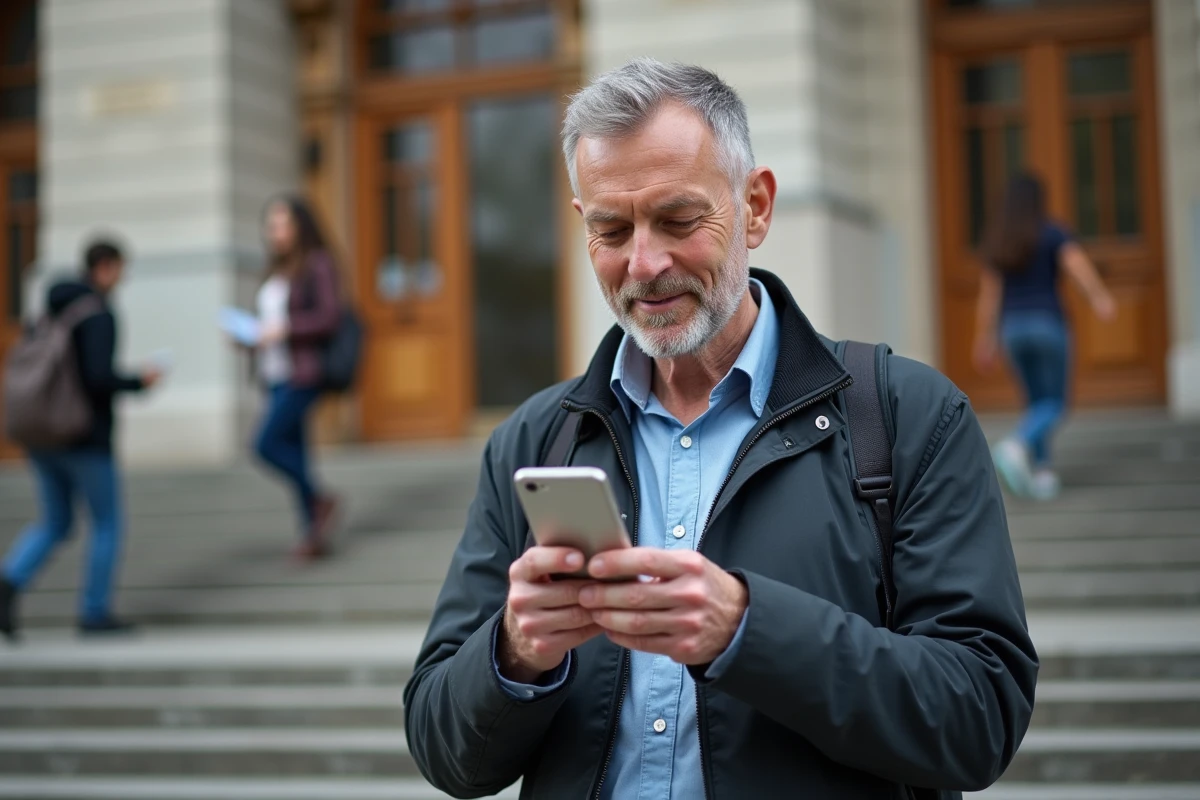 Homme vérifie son email universitaire Strasbourg sur smartphone
