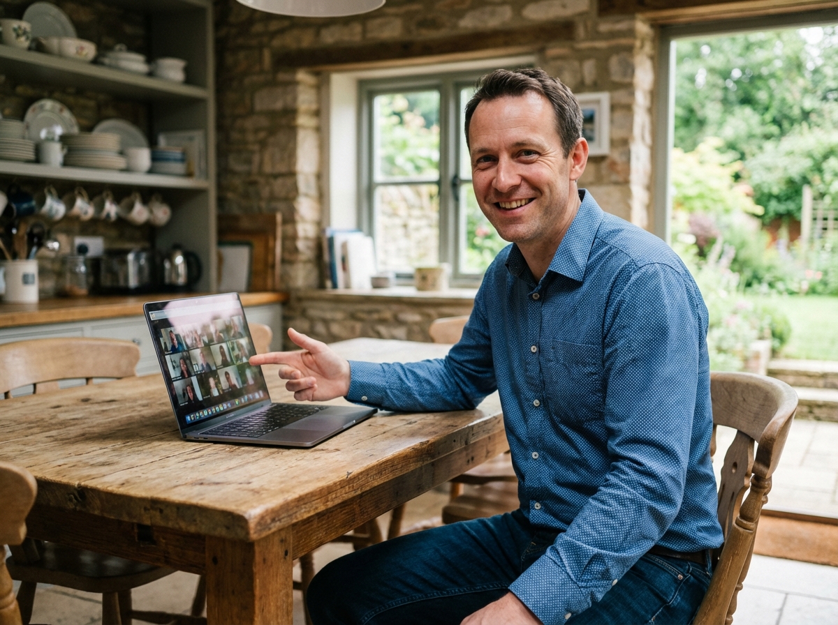 Homme en visioconference dans une cuisine rustique
