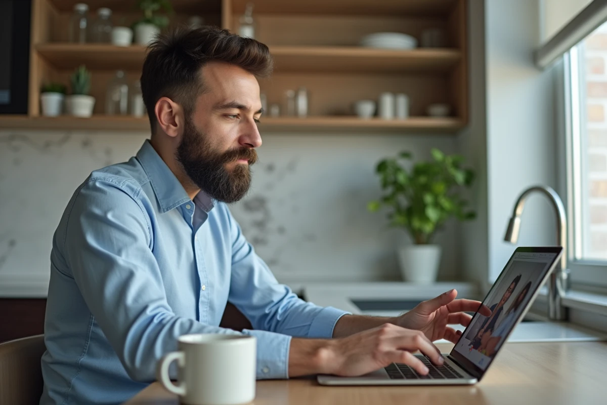 Homme en visioconference dans une cuisine moderne