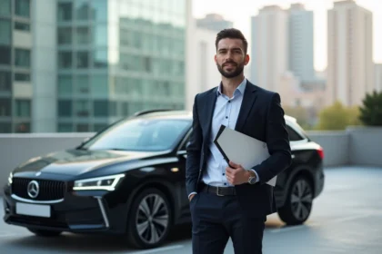 Homme confiant avec voiture et carte VTC en ville