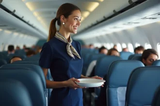 Hôtesse de l'air en uniforme bleu marine servant un passager dans l'allée d'un avion commercial