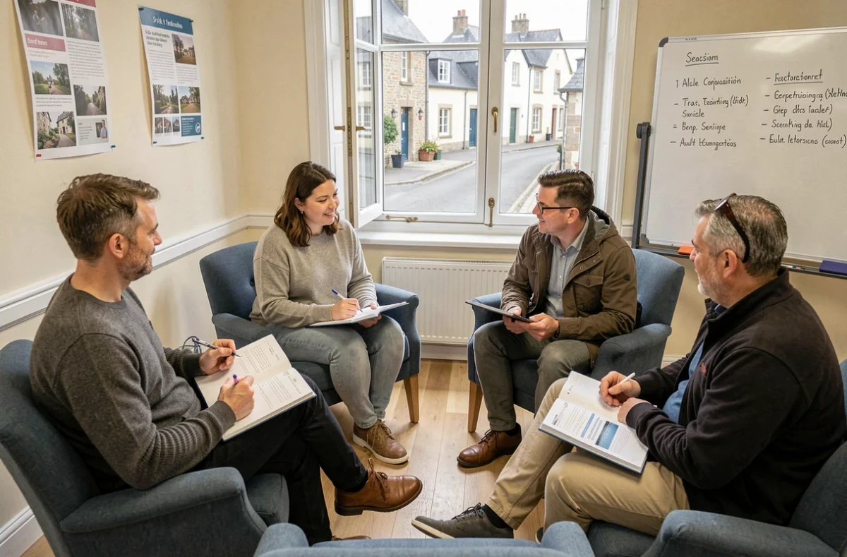 Groupe d'adultes en formation continue à l'IBEP Formation, participant à un séminaire interactif en demi-cercle avec classeurs ouverts