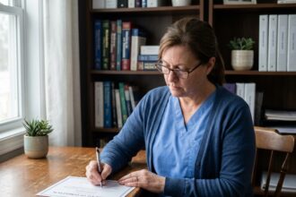 Infirmière assise à son bureau en home office