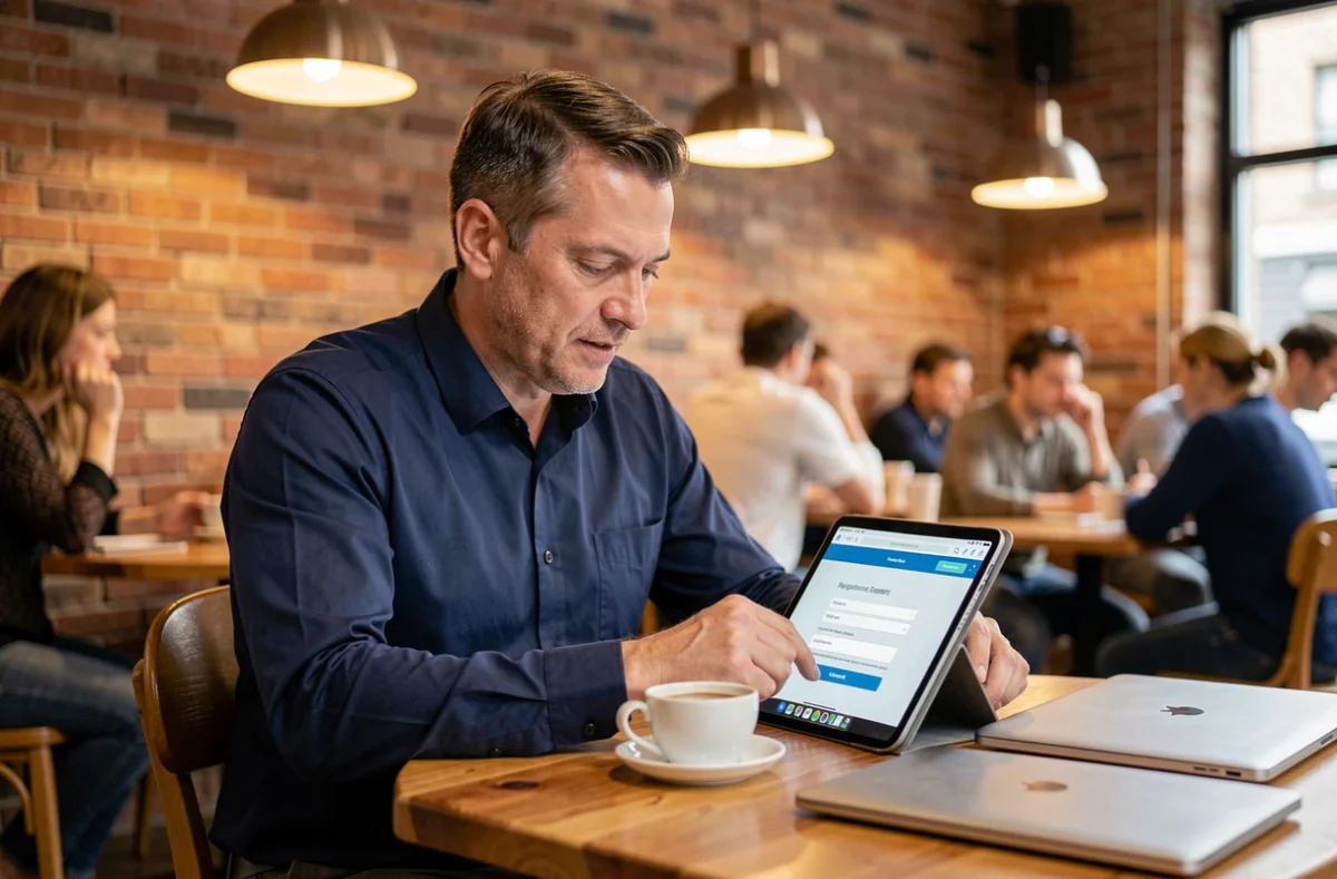 Homme utilisant une tablette pour s'inscrire en ligne dans un café urbain avec ordinateur portable posé à côté