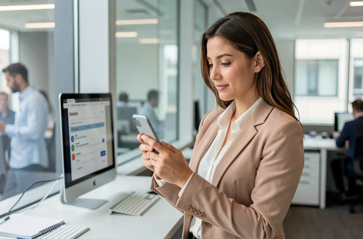 Jeune femme professionnelle utilisant un smartphone pour s'inscrire sur un espace en ligne dans un bureau moderne