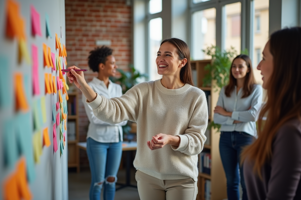 Instructrice guidant activité avec notes colorées