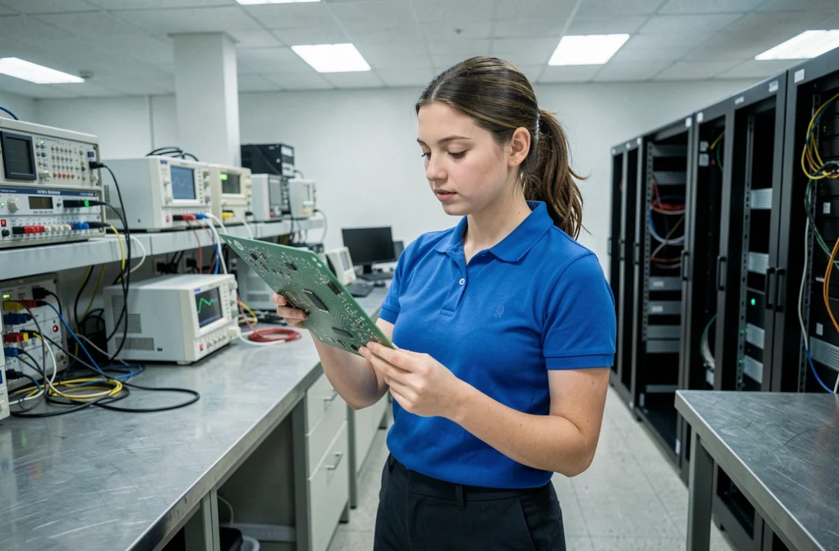 Étudiante en réseaux et télécommunications dans un laboratoire de l'IUT de Bobigny
