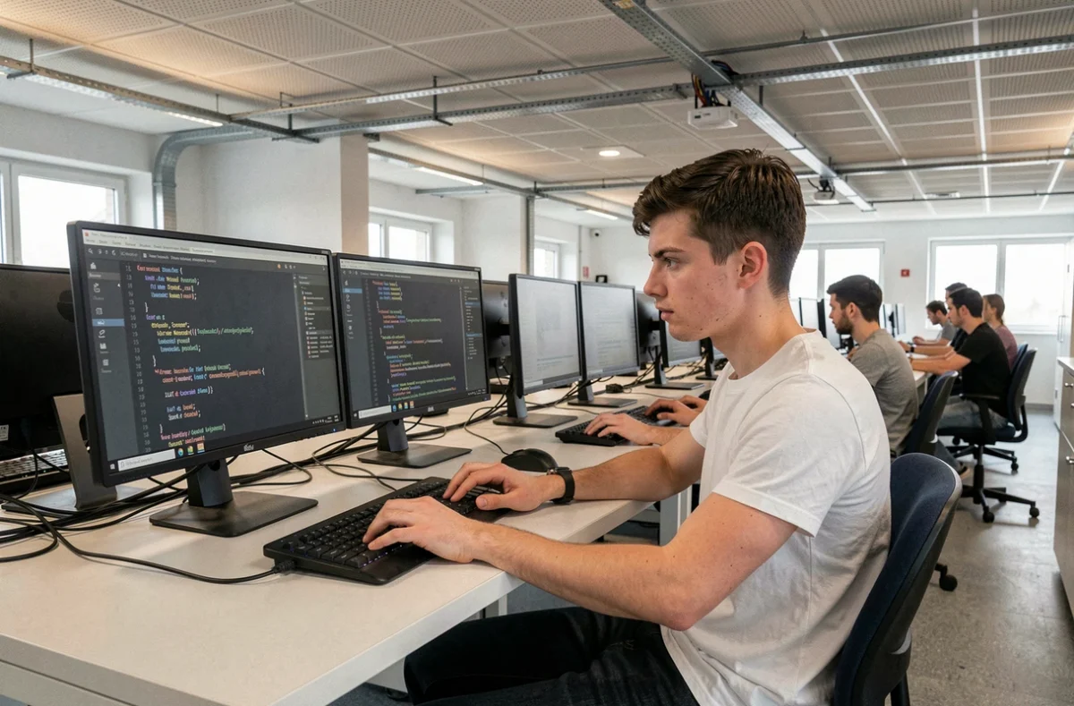 Étudiant en informatique à l'IUT de Montreuil de l'Université Paris 8 codant sur deux écrans