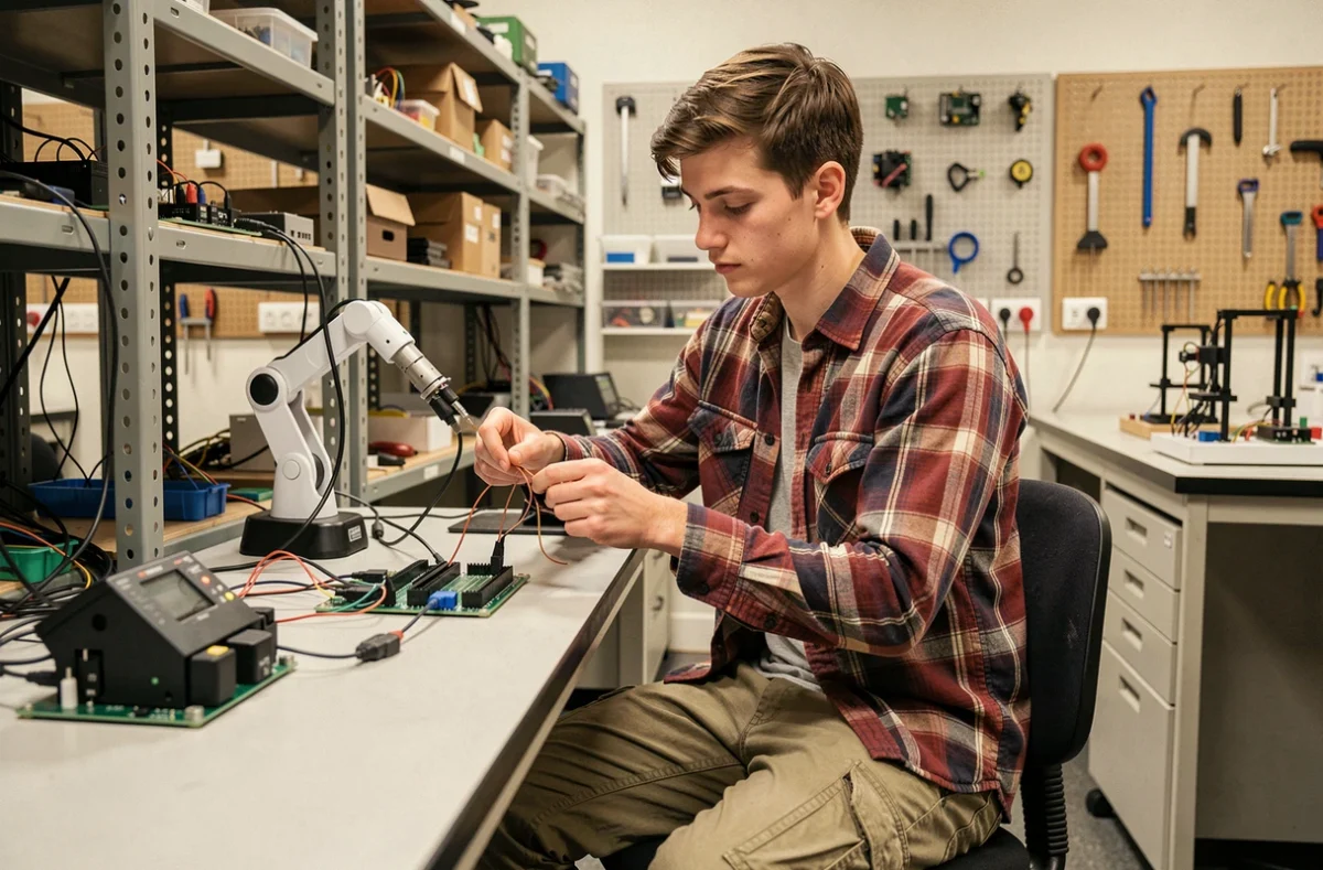 Étudiant manipulant un prototype robotique dans le laboratoire pratique de l'IUT de Tremblay-en-France