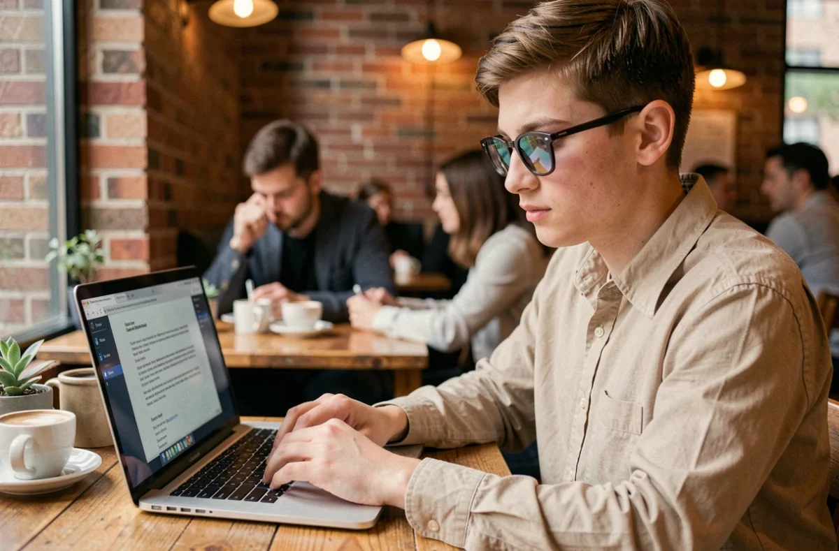 Jeune diplômé révisant sa lettre de motivation pour un premier emploi sur son ordinateur dans un café