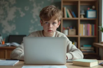 Jeune garçon assis à un bureau à la maison avec un ordinateur portable