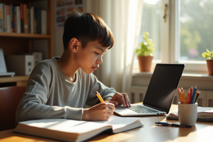 Jeune adulte étudiant à un bureau organisé avec livres et notes