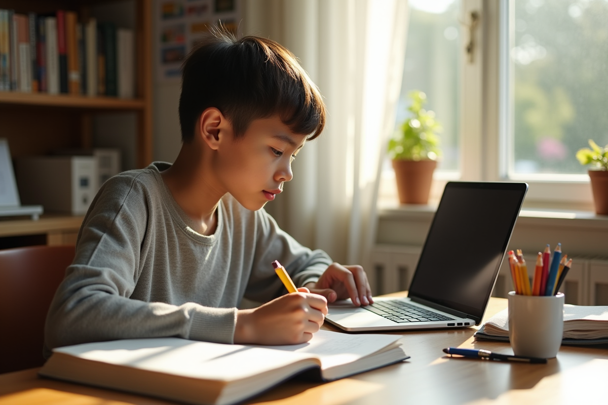 Jeune adulte étudiant à un bureau organisé avec livres et notes