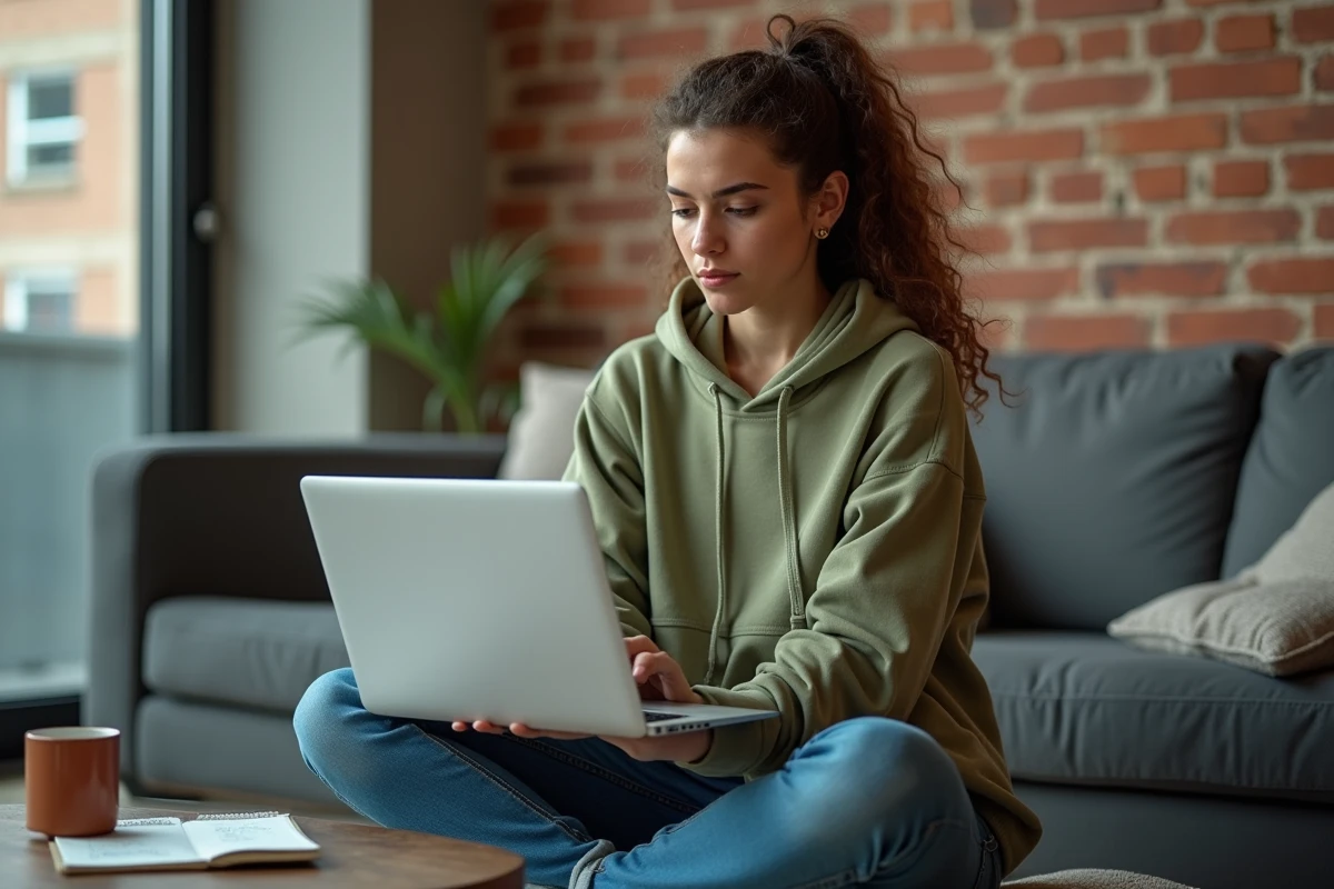 Jeune femme apprenant les verbes espagnols tener et haber en ligne sur un ordinateur portable dans un appartement moderne