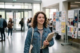 Jeune femme en denim avec carnet dans un hall d'école d'art