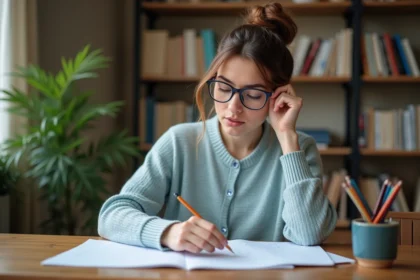 Jeune femme concentrée à étudier un exercice de grammaire française