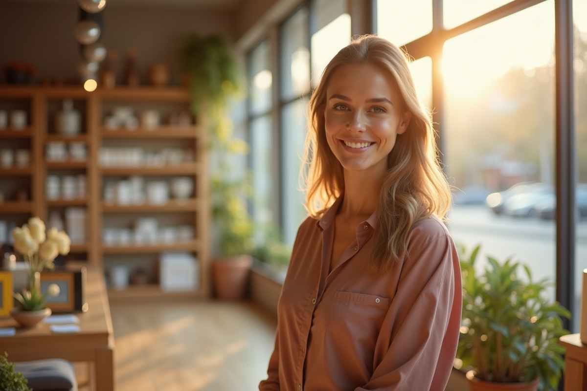 Jeune entrepreneure dans sa boutique ensoleillee