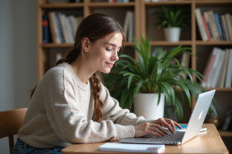 Jeune femme concentrée à son bureau cosy à la maison