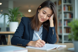 Jeune femme en tenue décontractée au bureau prenant des notes
