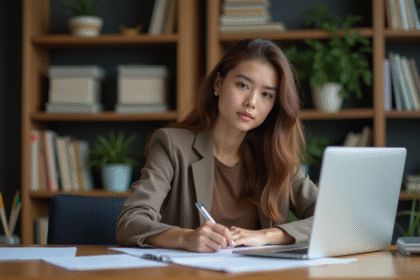 Jeune femme concentrée au bureau avec ordinateur et livres
