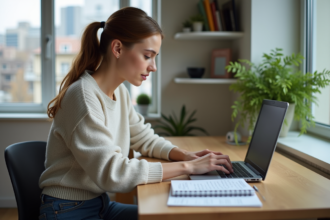 Jeune femme concentrée remplissant une demande en ligne à son bureau
