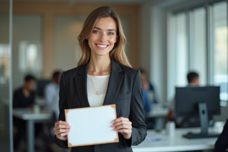 Jeune femme confiante avec certificat dans un bureau moderne