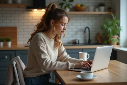 Jeune femme connectee sur son ordinateur a la maison