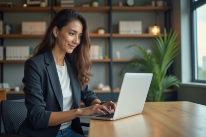 Jeune femme travaillant sur un ordinateur dans un espace coworking moderne
