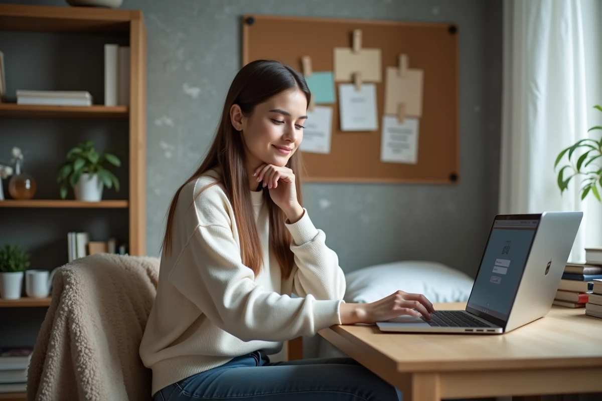 Jeune femme concentrée sur son ordinateur portable en étudiant