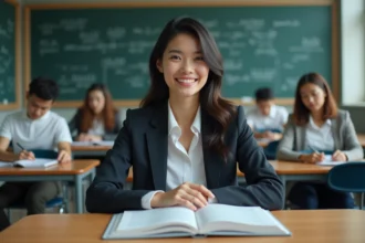 Jeune femme en classe universitaire concentrée sur ses notes