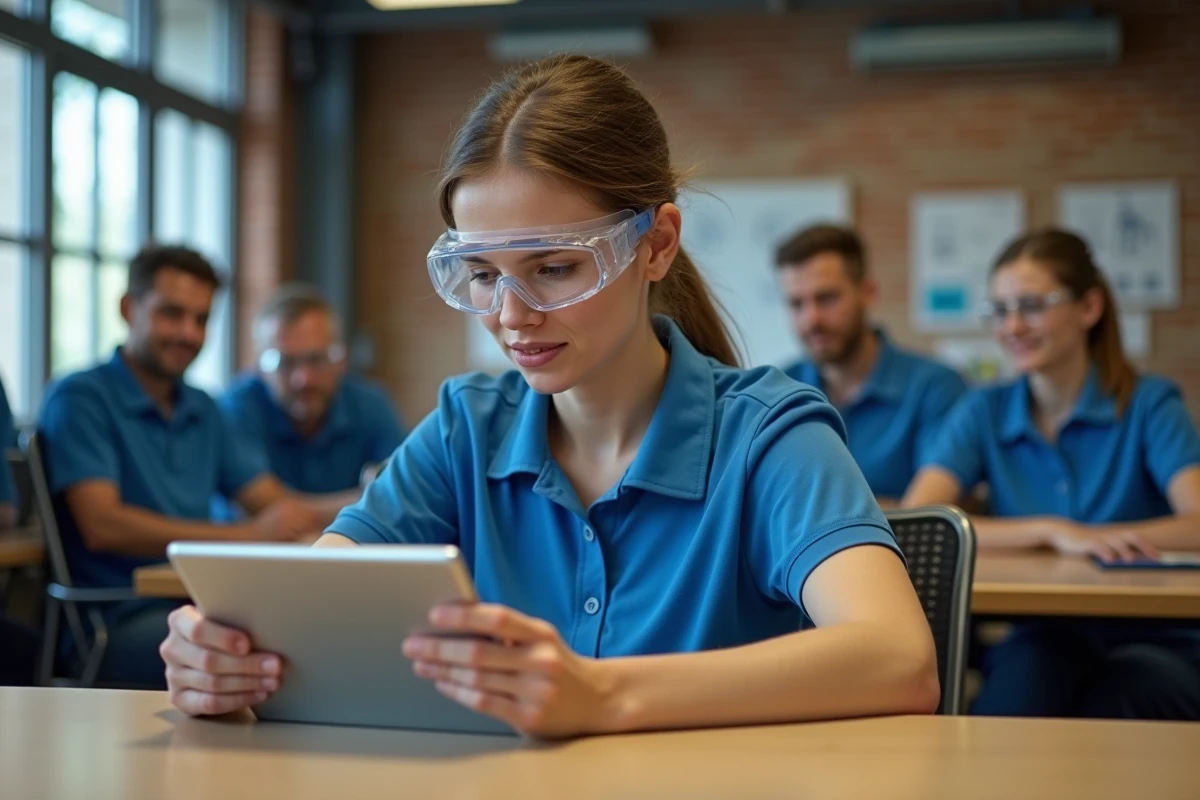 Jeune femme en formation avec tablette dans atelier industriel