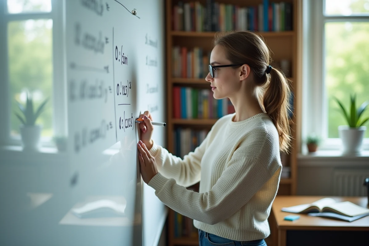 Jeune femme écrivant des formules sur un tableau blanc