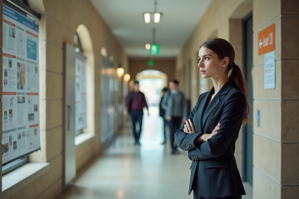 Jeune femme réfléchissant devant un panneau d
